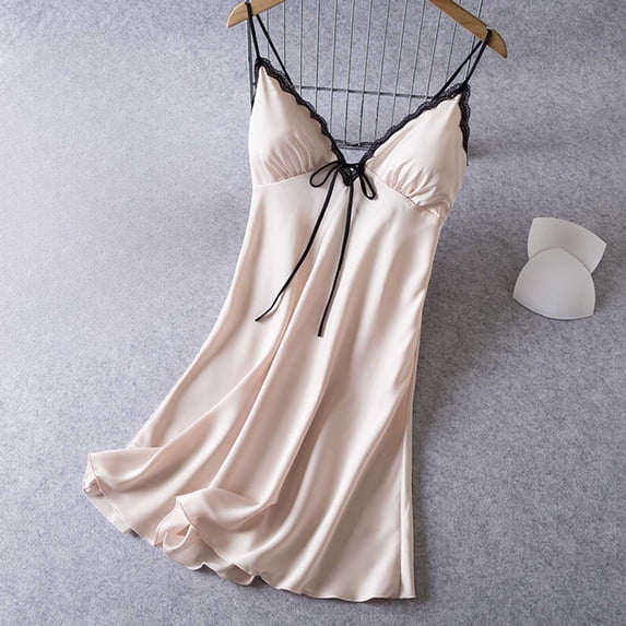 Uootdi Womens Nightgowns Spaghetti Strap V‑Neck Bow Tie Front Slip Dress Solid Color Fabric Minimalist Sexy Sleepwear Outfits