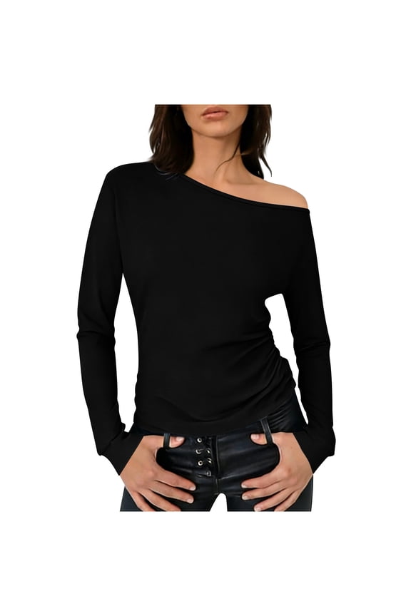 Womens Off Shoulder Tops Y2K Slim Fit Going Out Blouses Tight Long Sleeve Shirts Trendy Spring Fall Fashion Going Out Clothes Gift