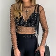 thumbnail image 1 of Uootdi Womens Pearl Rhinestone Sheer Mesh Crop Tops Sexy See Through Long Sleeve Slim Fit Cropped Blouse Shirt Gift, 1 of 4
