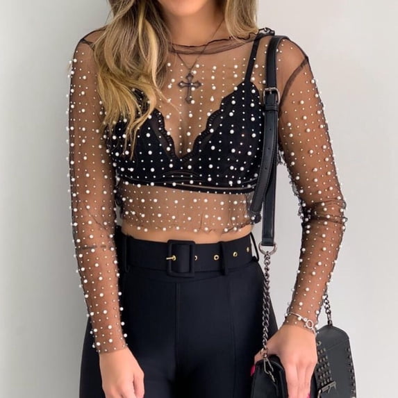 Uootdi Womens Pearl Rhinestone Sheer Mesh Crop Tops Sexy See Through Long Sleeve Slim Fit Cropped Blouse Shirt Gift