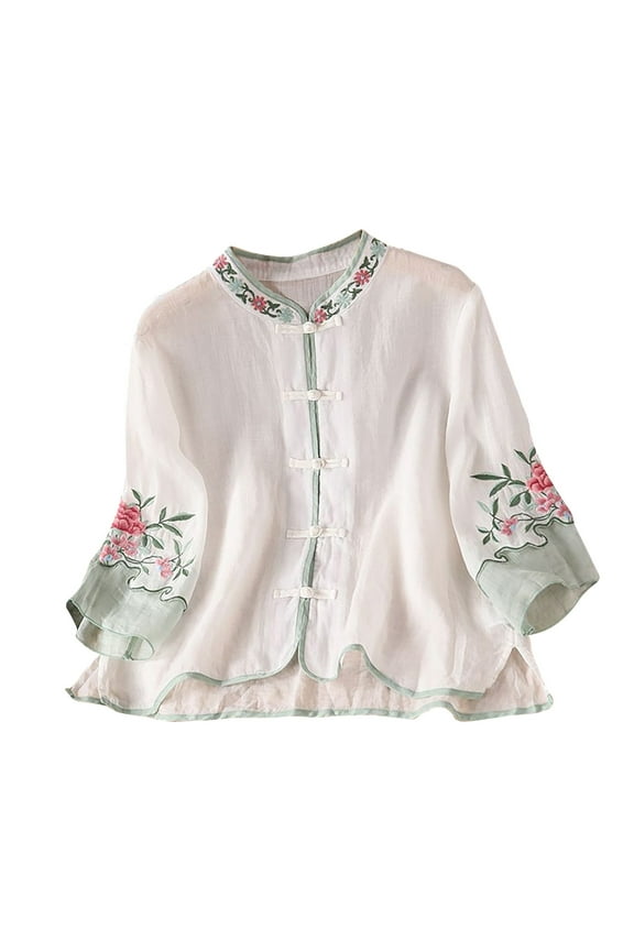 Womens Peasant Tops 3/4 Sleeve Cotton Linen Blouses Summer Fashion Retro Chinese Button Floral Embroidered Shirts White Womens Tops