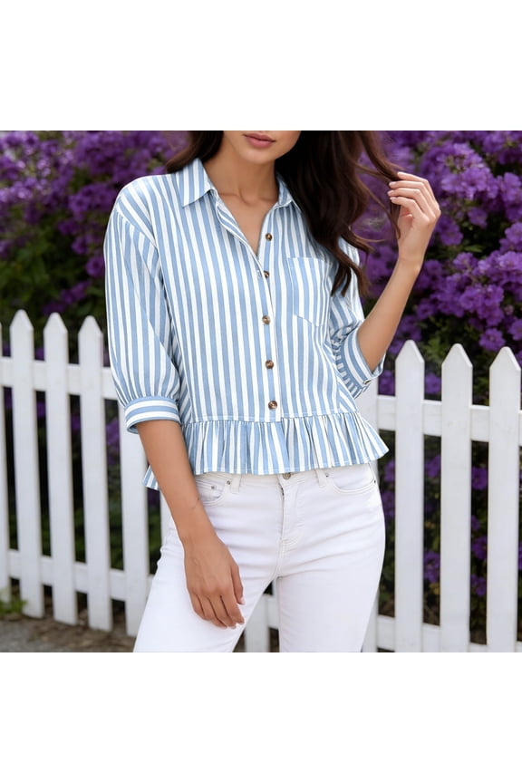 Womens Peplum Tops Collared 3/4 Sleeve Striped Print Button Front Blouses Casual Loose Lightweight Soft Comfy Daily Wear Shirts Gift