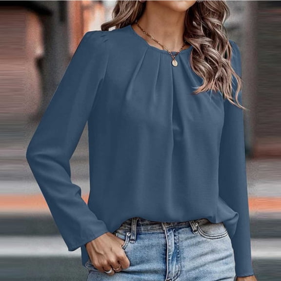 Uootdi Womens Pleated Crew Neck Tops Dressy Casual Solid Color Long Sleeve Shirts Office Work Chiffon Blouses Gift