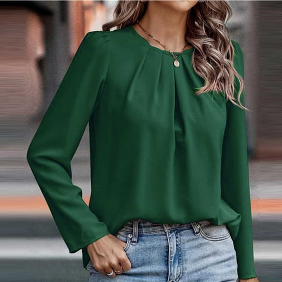 Uootdi Womens Pleated Crew Neck Tops Dressy Casual Solid Color Long Sleeve Shirts Office Work Chiffon Blouses Gift
