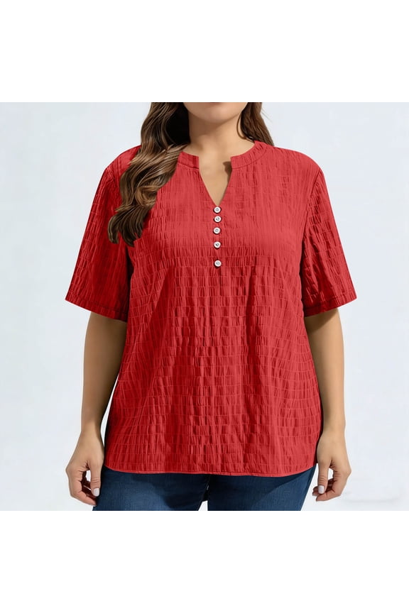 Womens Plus Size Textured Tops Short Sleeve Split Neck With Button Detail Everyday Chic Style Lightweight Comfortable Casual Tops Gift