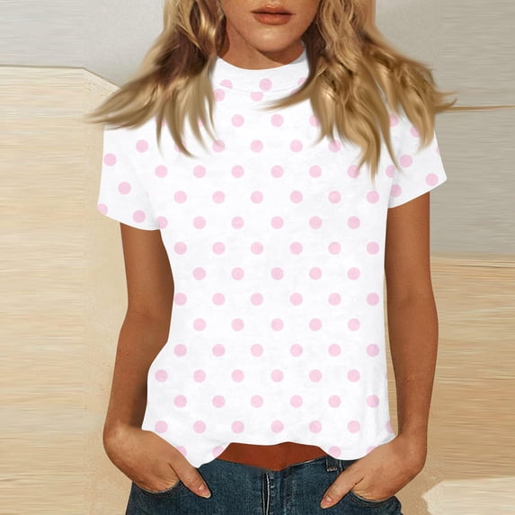 Uootdi Womens Polka Dot Tees Mock Neck Short Sleeve Dot Print Blouses Casual Loose Lightweight Soft Comfy Daily Wear Shirts Gift