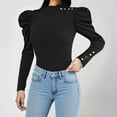 thumbnail image 1 of Uootdi Womens Puff Long Sleeve Tops Mock Gift Neck Button Detail Ruffle Trim Solid Basic T Shirt Casual Loose Pullovers, 1 of 7