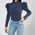 thumbnail image 1 of Uootdi Womens Puff Long Sleeve Tops Mock Gift Neck Button Detail Ruffle Trim Solid Basic T Shirt Casual Loose Pullovers, 1 of 7