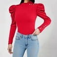 thumbnail image 1 of Uootdi Womens Puff Long Sleeve Tops Mock Gift Neck Button Detail Ruffle Trim Solid Basic T Shirt Casual Loose Pullovers, 1 of 7