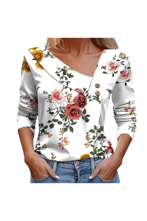 Womens Rose Print Shirt Asymmetric Neckline Long Sleeve Casual Top With Buttons Trendy Spring Fashion Wear White Women Tops