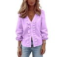 thumbnail image 1 of Uootdi Womens Ruffle Blouses V Neck Button Down Ruffled Trim Long Sleeve Shirts Office Commute Casual Tops Tunics Gift, 1 of 8