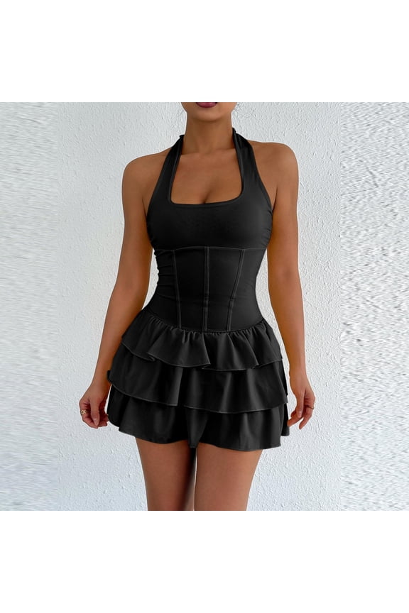 Womens Ruffle Dresses Halter Neck Corset Bodice Tiered Ruffle Hem Slim Fit Mini Dresses Bodycon Dresses Cute Style Gift