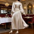 thumbnail image 1 of Uootdi Womens Satin Dresses Long Puff Sleeve Round Neck Pleated Maxi Dresses Formal Dresses Elegant Evening Style Gift, 1 of 7