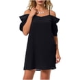 thumbnail image 1 of Uootdi Womens Shift Dresses Cold Shoulder Ruffle Sleeve Solid Color Loose Fit Mini Dresses Casual Dresses Boho Style Gift, 1 of 5