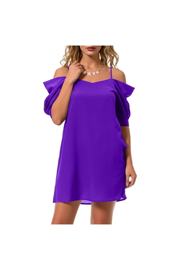 Womens Shift Dresses Cold Shoulder Ruffle Sleeve Solid Color Loose Fit Mini Dresses Casual Dresses Boho Style Gift