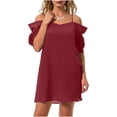 thumbnail image 1 of Uootdi Womens Shift Dresses Cold Shoulder Ruffle Sleeve Solid Color Loose Fit Mini Dresses Casual Dresses Boho Style Gift, 1 of 5