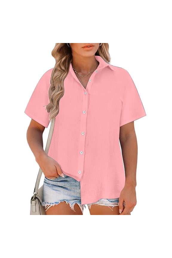 Womens Shirts Collared Button Down Linen Fabric Short Sleeve Loose Fit Breathable Blouses Casual Daily Tops Beach Vacation Style Gift