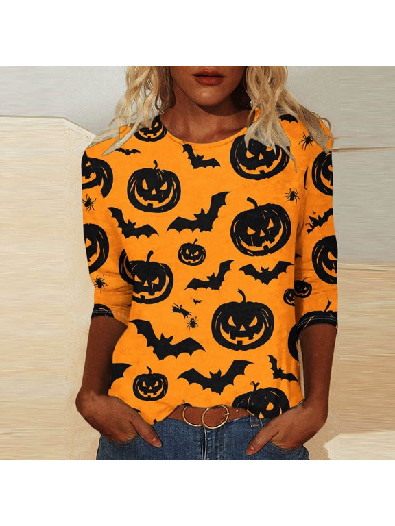 Womens Shirts Crew Neck Halloween Theme Print 3/4 Sleeve T Shirts for Women Loose Fit Casual Holiday Wear Soft Womens Halloween Tops Gift