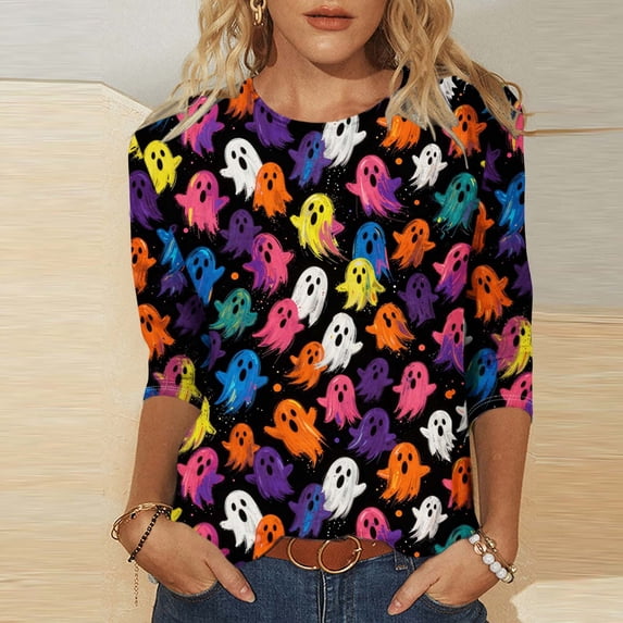 Uootdi Womens Shirts Crew Neck Halloween Theme Print 3/4 Sleeve T Shirts for Women Loose Fit Casual Holiday Wear Soft Womens Halloween Tops Gift