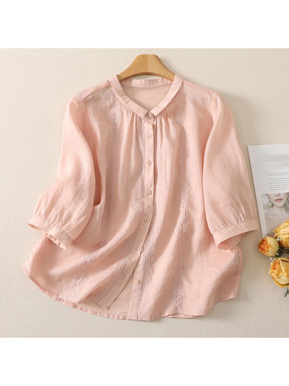 Womens Shirts Mandarin Collar 1/2 Sleeve Button Front Floral Embroidery Womens Blouses Relaxed Fit Everyday Wear Breathable Womens Tops