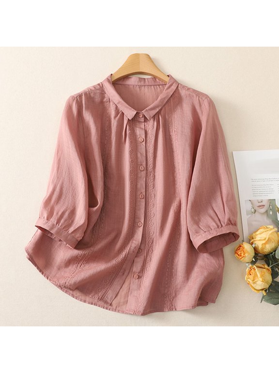 Womens Shirts Mandarin Collar 1/2 Sleeve Button Front Floral Embroidery Womens Blouses Relaxed Fit Everyday Wear Breathable Womens Tops