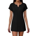 thumbnail image 1 of Uootdi Womens Short Sleeve V Neck Waffle Knit Dresses Embroidery Trim Casual Shift Dresses Solid Color Mini Dresses Gift, 1 of 5
