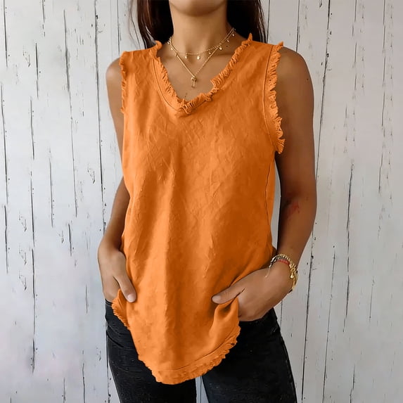 Uootdi Womens Sleeveless Tops V Neck Frayed Edges Cotton Linen Blouses Casual Solid Color Tunics Summer Vacation Daily Wear Gift