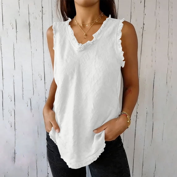 Uootdi Womens Sleeveless Tops V Neck Frayed Edges Cotton Linen Blouses Casual Solid Color Tunics Summer Vacation Daily Wear Gift