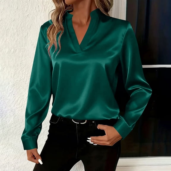 Uootdi Womens Soft Satin Tops V Neck Button Down Long Sleeve Shirts for Women Casual Work Tunic Dressy Elegant Office Blouses Tops Gift