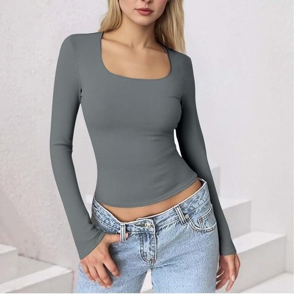 Uootdi Womens Square Neck Long Sleeve T Shirt Slim Fit Basic Gift Crop Tees Fall Y2k Going Out Crop Tops Cute Tight