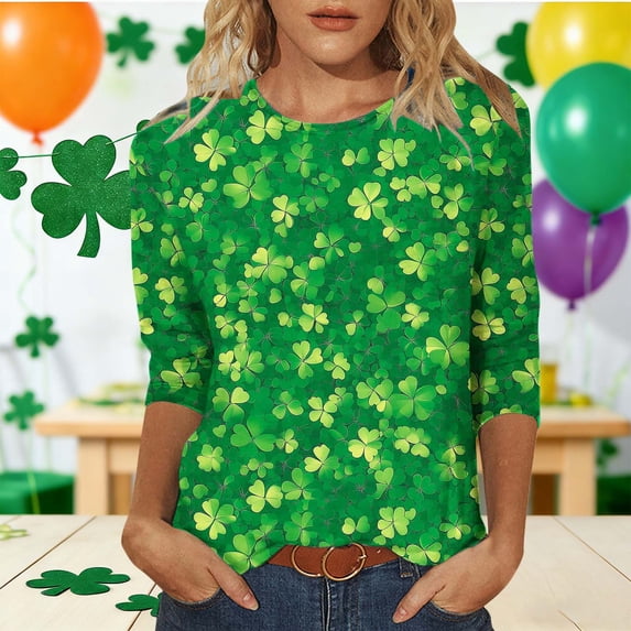 Uootdi Womens St Patrick's Day Tops Crew Neck Soft Cotton Blend Tees Shirts Green Print 3/4 Sleeves Casual Holiday Tops Gift