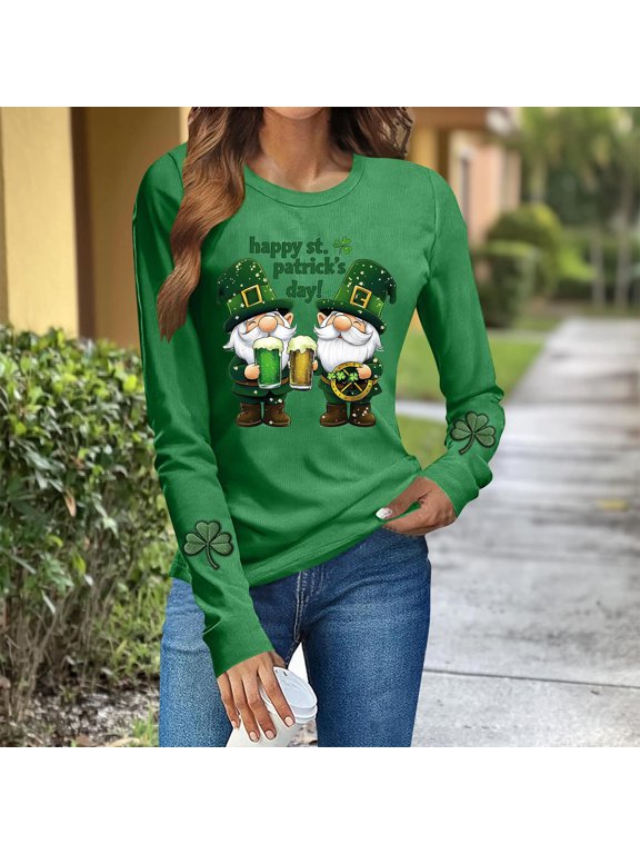 Womens St Patrick's Day Tops Crewneck Shamrock Print Long Sleeve Shirts Parades Holiday Gatherings Tees Blouses Gift