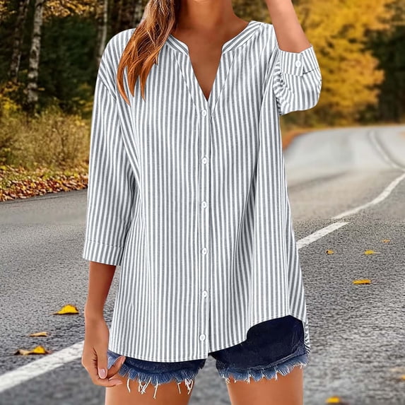 Uootdi Womens Striped Tops 3/4 Sleeve V Neck Button Down Long Sleeve Shirts Oversized Summer Beach Casual Blouses Tops Tunics Gift