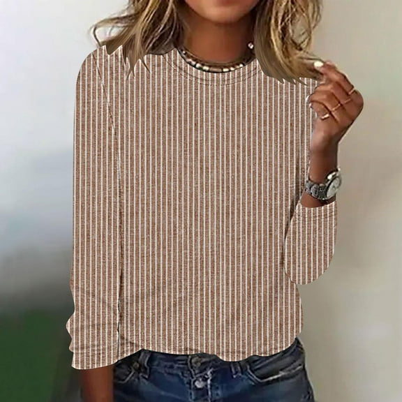 Uootdi Womens Striped Tops Crewneck Long Sleeve Loose Basic Gift T Shirts Business Casual Blouses Fall Fashion Outfits