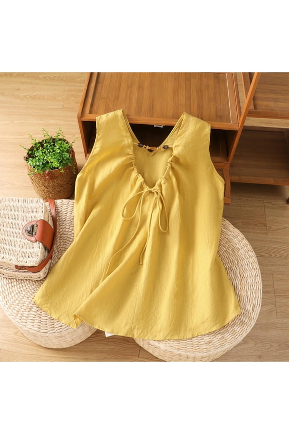 Womens Summer Cotton Linen Sleeveless V Neck Blouse Drawstring Front Comfortable Lightweight Trendy Everyday Womens Tops Dressy Casual Gift