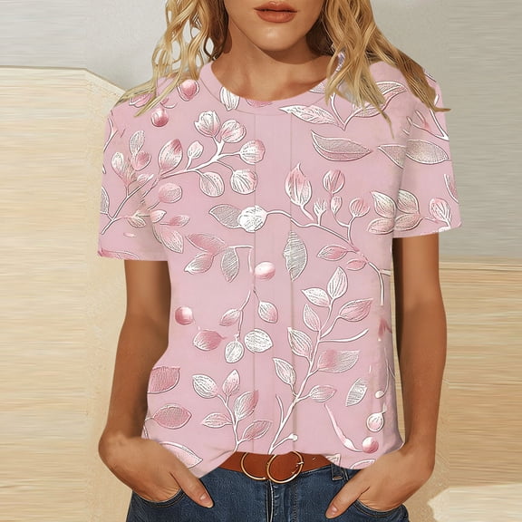 Uootdi Womens Summer Tops Floral Print Graphic Crew Neck Short Sleeve T Shirts Colorblock Casual Tops for Women Vintage Dressy Loose Fit Trendy Outfits Gift