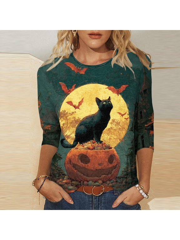 Womens Summer Tops Round Neck Vintage Texture Black Cat Full Moon Pumpkin Print Halloween Costumes for Women Loose Fit Retro Fall Womens Tops