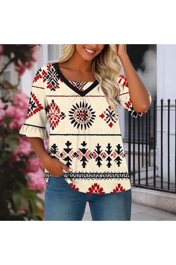 Womens Summer Tops Square Neck Flare Half Sleeve Floral Print Plus Size Spring Daily Wear Stylish Blouses Gift