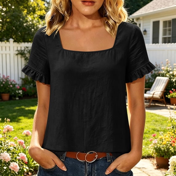 Uootdi Womens Summer Tops Square Neck Short Sleeve Ruffle Cuffs Plain Short Sleeve Tops for Women Flowy Fit Everyday Wear Breathable Tops for Women