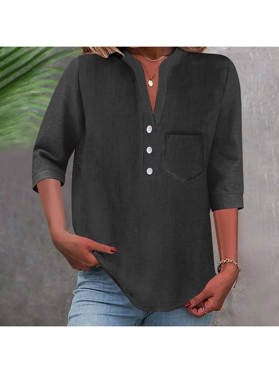 Womens Summer Tops Stand Collar 3/4 Cuff Sleeve Pocket Button Front Solid Cotton Womens Tops Relaxed Fit Lightweight Womens Blouses for Women