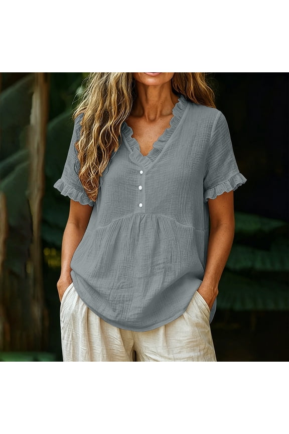Womens Summer Tops V Neck Ruffle Edge Short Sleeve Gathered Bust Button Front Plain Short Sleeve Tops for Women Flowy Fit Resort Wear Lightweight Boho Tops for Women