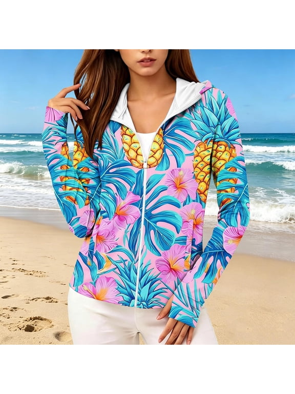 Womens Sun Protection Jackets Full Zip Hooded Long Sleeve Tropical Leaf Floral Print Jacket for Women Loose Fit Lightweight UPF Beach Vacation Womens Coats