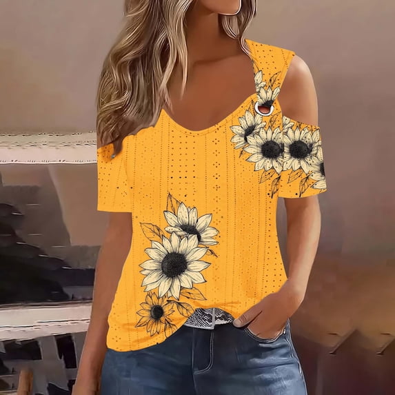 Uootdi Womens Sunflower Tops V Neck Short Sleeve Cold Shoulder Print Blouses Casual Loose Lightweight Soft Comfy Summer Daily Wear Shirts Gift