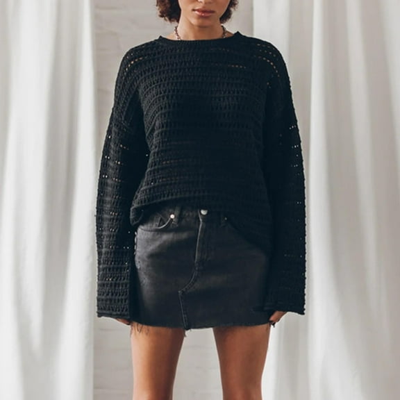 Uootdi Womens Sweaters Long Sleeve for Women Lightweight Casual Loose Crochet Hollow Out Gift Knit Pullover Tops Beach Sweaters