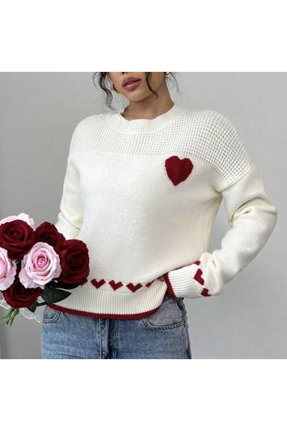 Womens Sweaters Women's Long Sleeve Cute Heart Pattern Knit Pullover Crewneck Sweaters Gift Casual Loose Fall Knitted