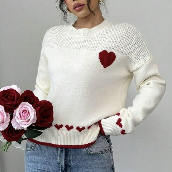 Uootdi Womens Sweaters Women's Long Sleeve Cute Heart Pattern Knit Pullover Crewneck Sweaters Gift Casual Loose Fall Knitted