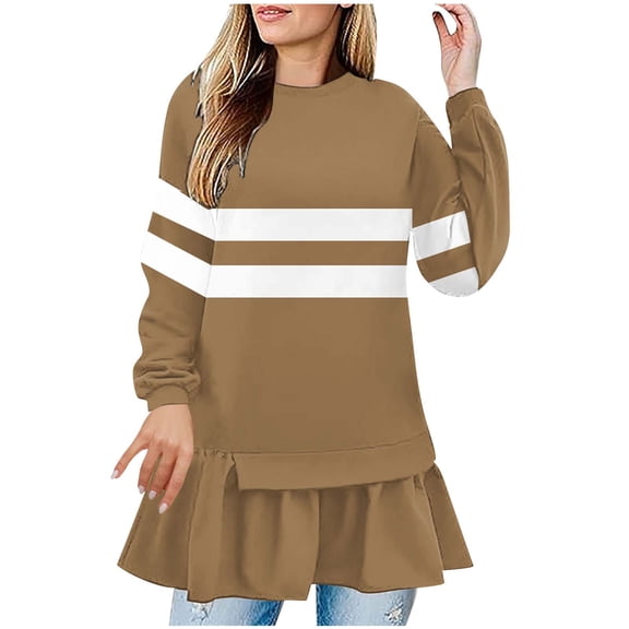 Uootdi Womens Sweatshirt Long Sleeve Striped Casual Loose Fit Ruffle Hem Pullover Top Fashion Fall Winter Clothing Khaki Women Tops