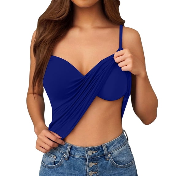 Uootdi Womens Tank Tops Spaghetti Strap Wrap Ruched Crop Camisole Solid Plain Regular Womens Shirts Womens Basic Tops