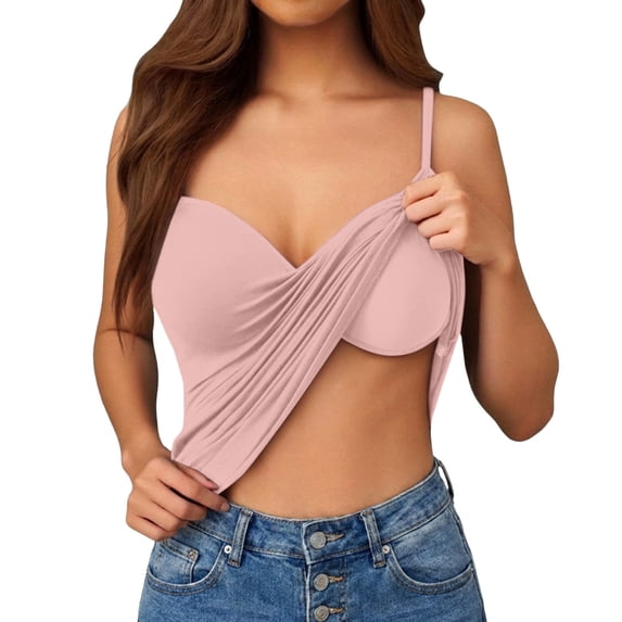 Uootdi Womens Tank Tops Spaghetti Strap Wrap Ruched Crop Camisole Solid Plain Regular Womens Shirts Womens Basic Tops