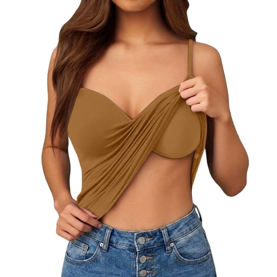 Uootdi Womens Tank Tops Spaghetti Strap Wrap Ruched Crop Camisole Solid Plain Regular Womens Shirts Womens Basic Tops